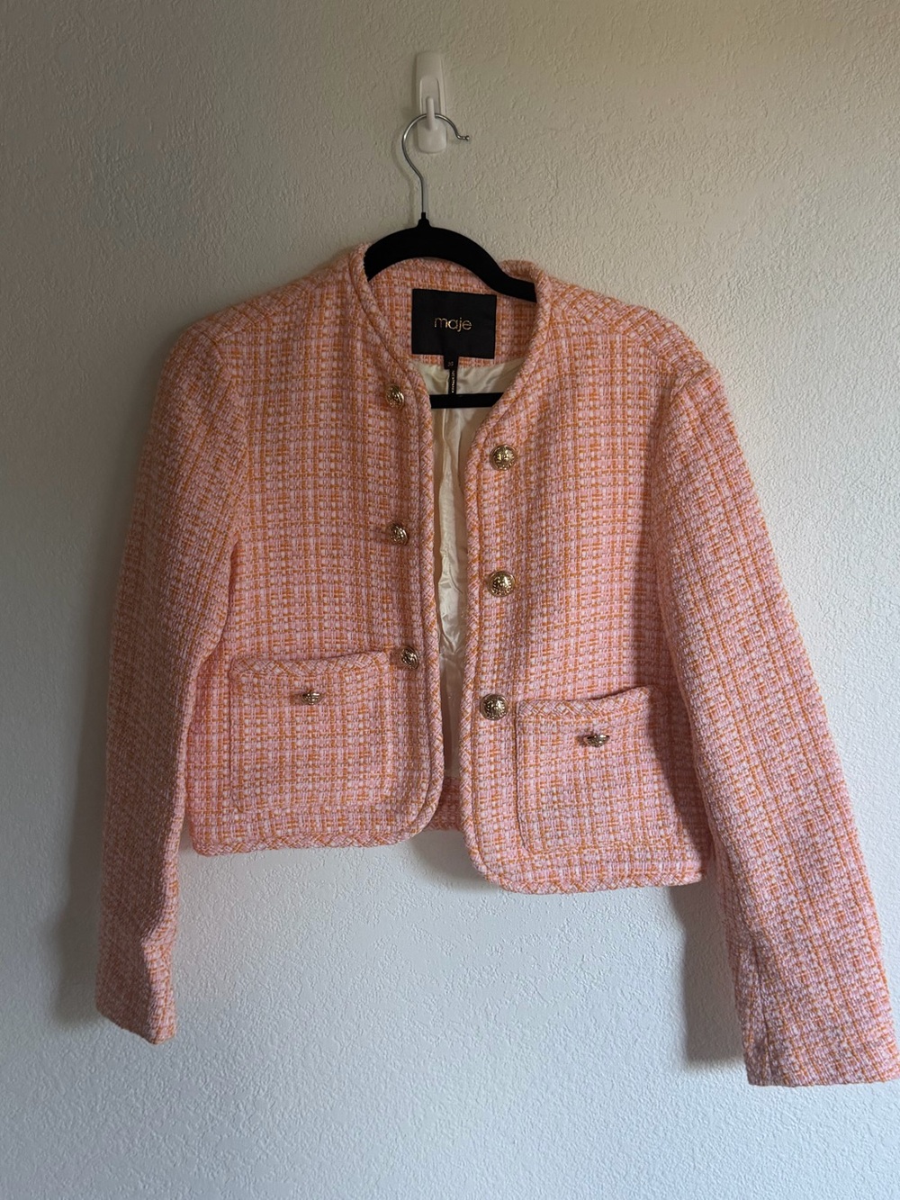 Maje Peach Tweed Cropped Blazer with Gold Buttons
